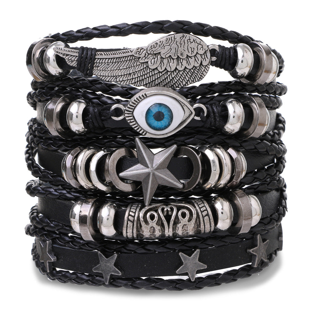 Wholesale Braided Leather Multi-layer Skull Men's Bracelet